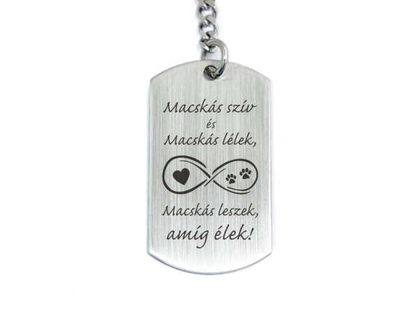 Macskás szív acél medálos kulcstartó