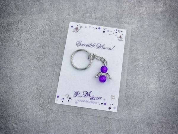Szeretlek Mama lila angyal medálos kulcstartó