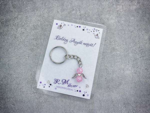 Boldog Anyák napját rózsaszín angyal medálos kulcstartó