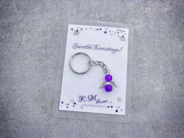 Szeretlek Keresztanya lila angyal medálos kulcstartó