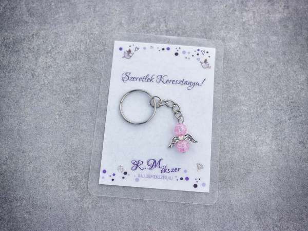 Szeretlek Keresztanya rózsaszín angyal medálos kulcstartó