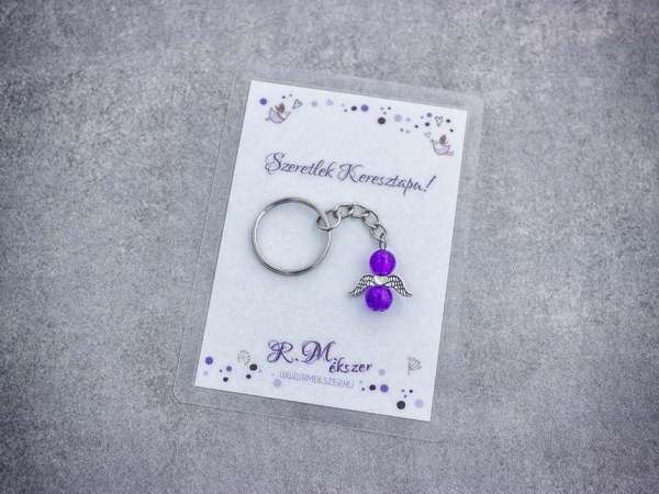 Szeretlek Keresztapa lila angyal medálos kulcstartó