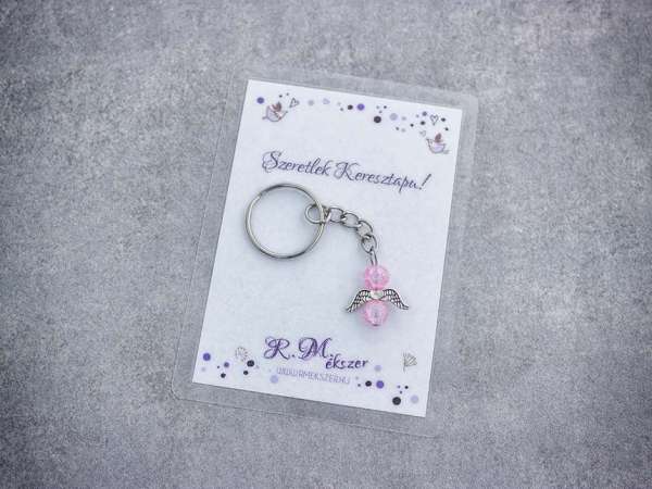 Szeretlek Keresztapa rózsaszín angyal medálos kulcstartó