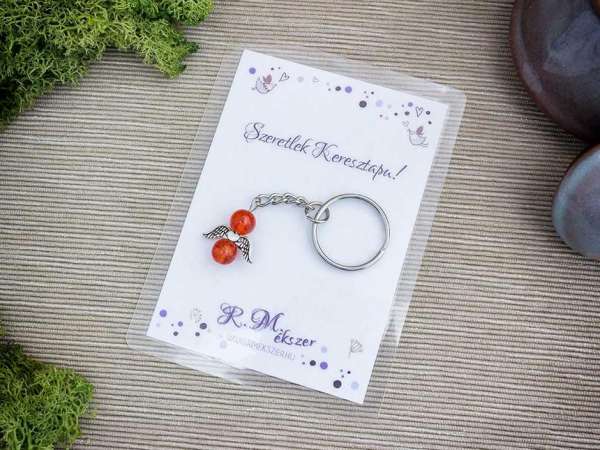 Szeretlek Keresztapa narancssárga angyal medálos kulcstartó