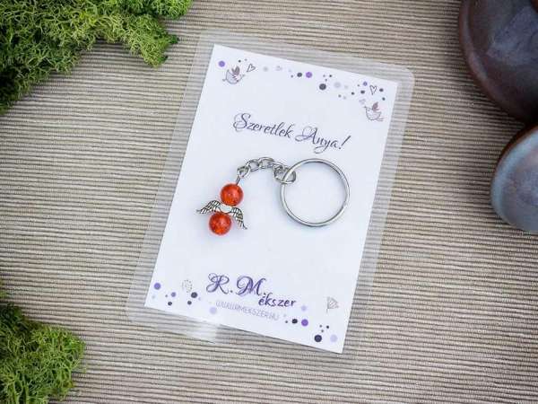 Szeretlek Anya narancssárga angyal medálos kulcstartó