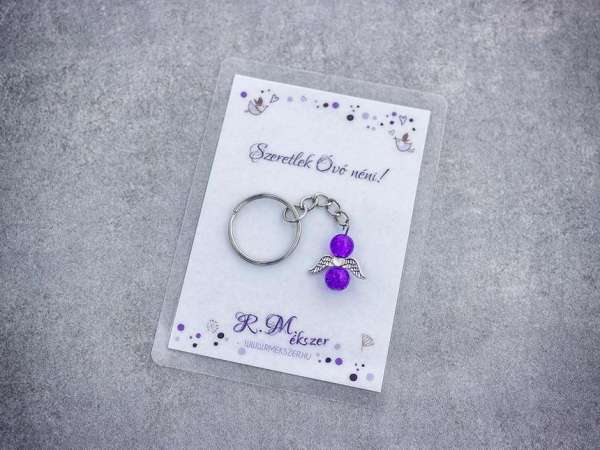 Szeretlek Óvó néni lila angyal medálos kulcstartó