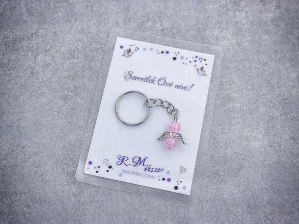 Szeretlek Óvó néni rózsaszín angyal medálos kulcstartó