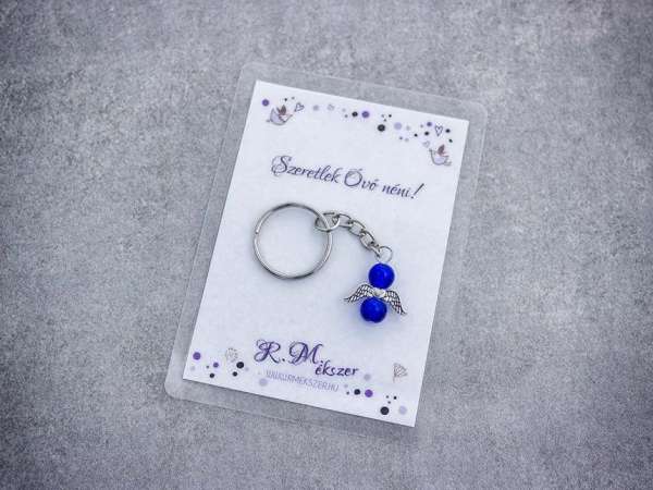 Szeretlek Óvó néni sötétkék angyal medálos kulcstartó