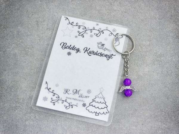 Boldog Karácsonyt lila angyal medálos kulcstartó