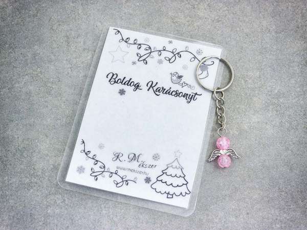 Boldog Karácsonyt rózsaszín angyal medálos kulcstartó