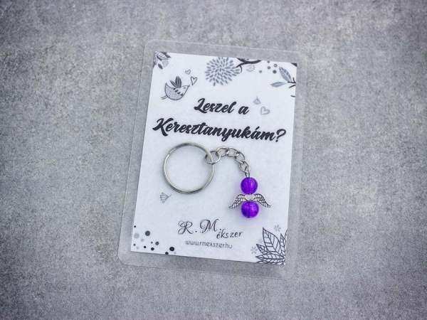 Leszel a Keresztanyukám lila angyal medálos kulcstartó