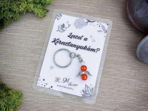Leszel a Keresztanyukám narancssárga angyal medálos kulcstartó