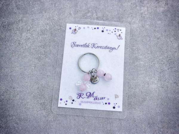 Szeretlek Keresztanya kulcstartó rózsakvarccal