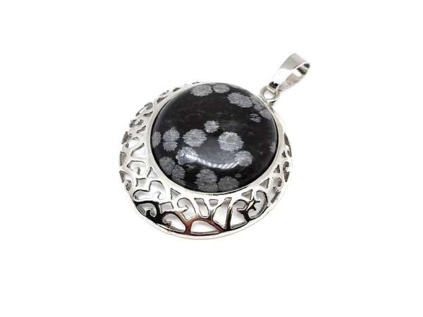 Kerek medál fém Obszidián hópehely 3cm