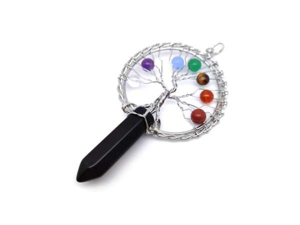 Életfa ezüst drót csúcs obszidián medál 5x9cm