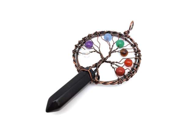 Életfa bronz drót csúcs obszidián medál 5x9cm