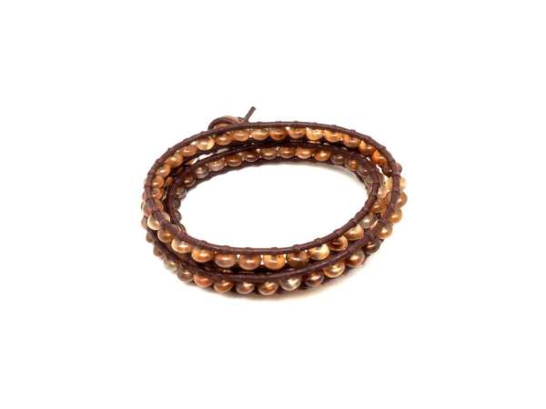 Achát barna lencse 6mm bőrrel font karkötő 58cm