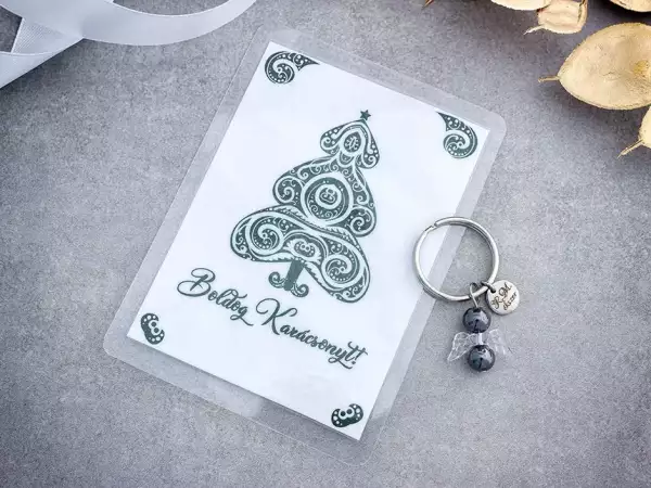 Varázslatos hematit angyal kulcstartó Karácsonyi üdvözlettel