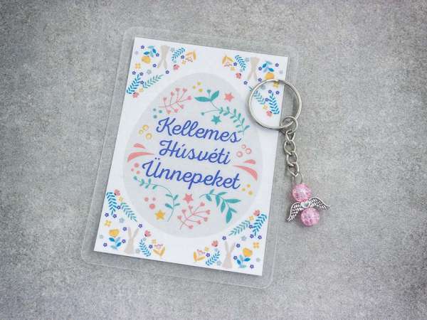 Kellemes Húsvéti rózsaszín angyal medálos kulcstartó