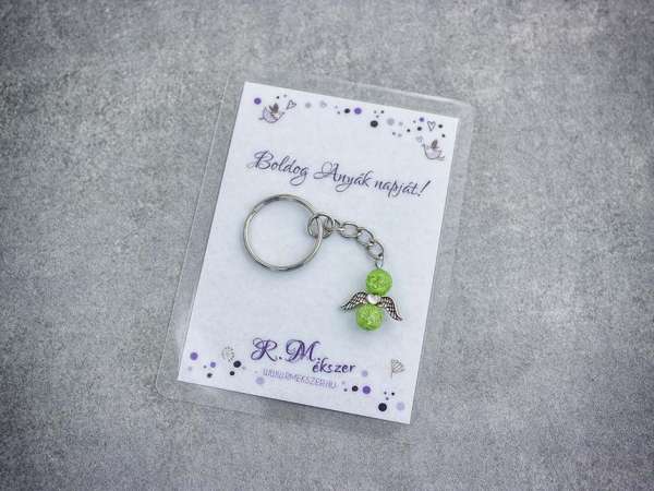 Boldog Anyák napját zöld angyal medálos kulcstartó