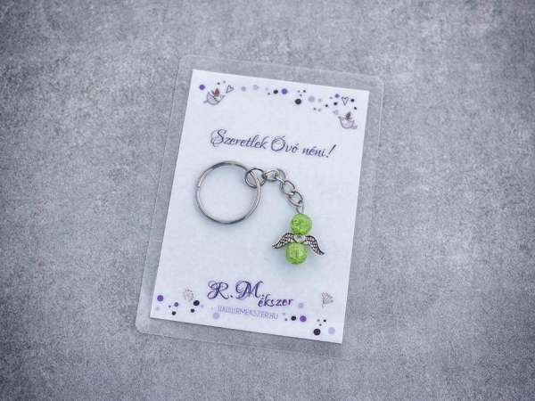 Szeretlek Óvó néni zöld angyal medálos kulcstartó