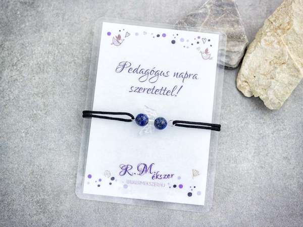 Lazurit (lápisz lazuli) karkötő védőangyal medállal, állítható – pedagógusnapi ajándék tanárnak, kék ásvány