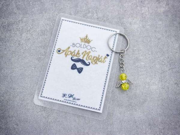 Boldog Apák Napját sárga angyal medálos kulcstartó