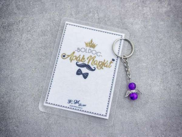 Boldog Apák Napját lila angyal medálos kulcstartó