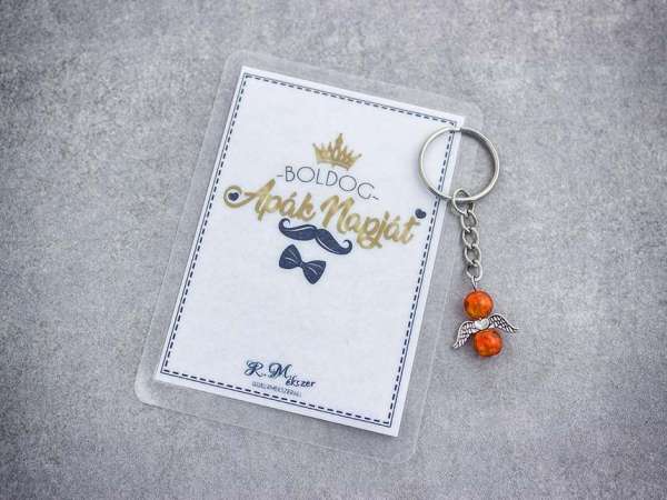 Boldog Apák Napját narancssárga angyal medálos kulcstartó