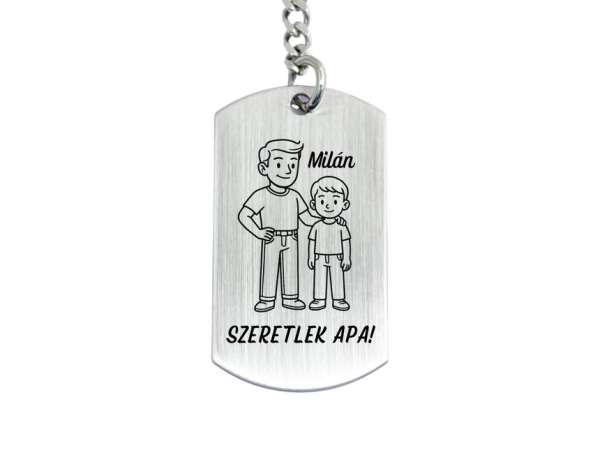 Szeretlek Apa gravírozott acél kulcstartó fiúgyermek nevével