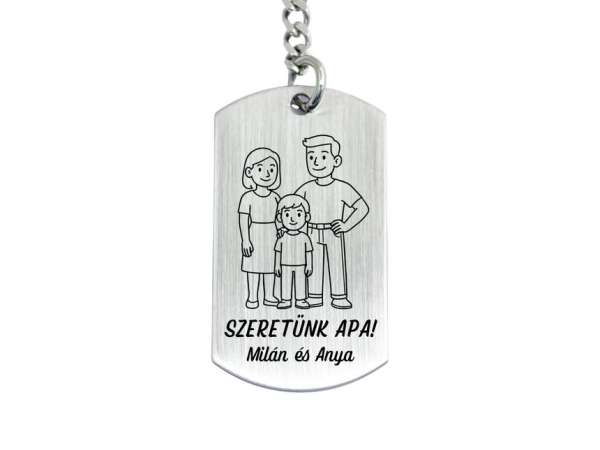 Szeretünk Apa gravírozott acél kulcstartó fiúgyermek nevével