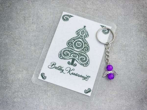 Boldog Karácsonyt lila angyal medálos kulcstartó