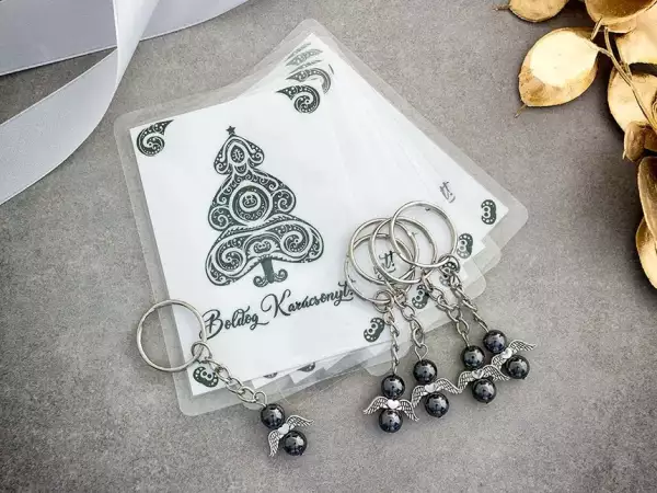 Védőangyal hematit kulcstartó Karácsonyi üdvözlettel 100dbos csomag