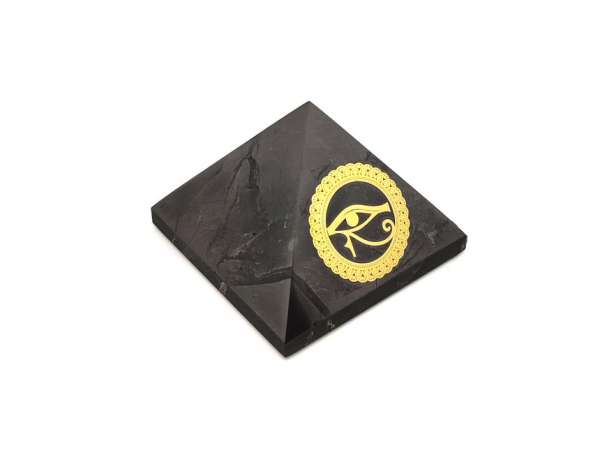 Shungit piramis Hórusz szeme arany matricás 6cm