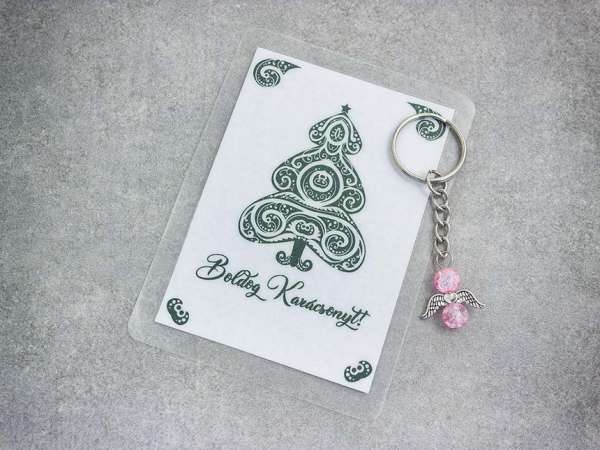 Boldog Karácsonyt rózsaszín angyal medálos kulcstartó