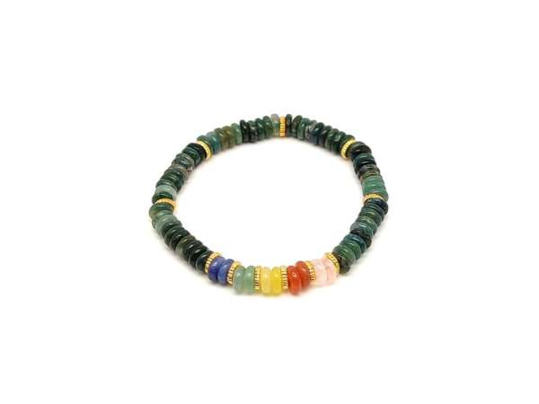 Achát moha ásvány karkötő 5 korong köves díszítéssel 6×2 mm