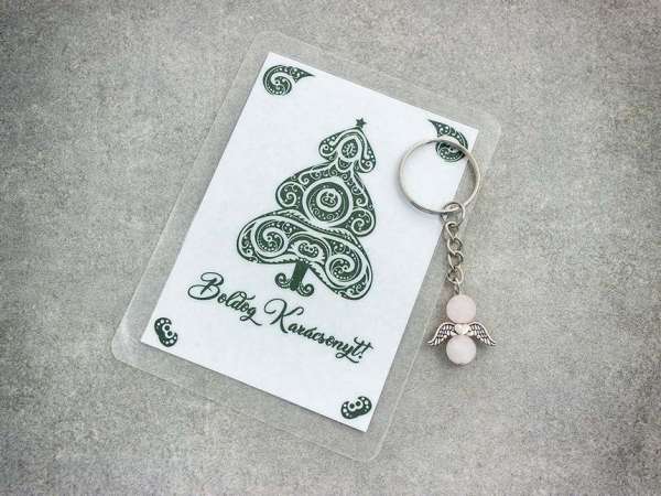 Karácsony angyali érintése rózsakvarc kulcstartó üdvözlőkártyával