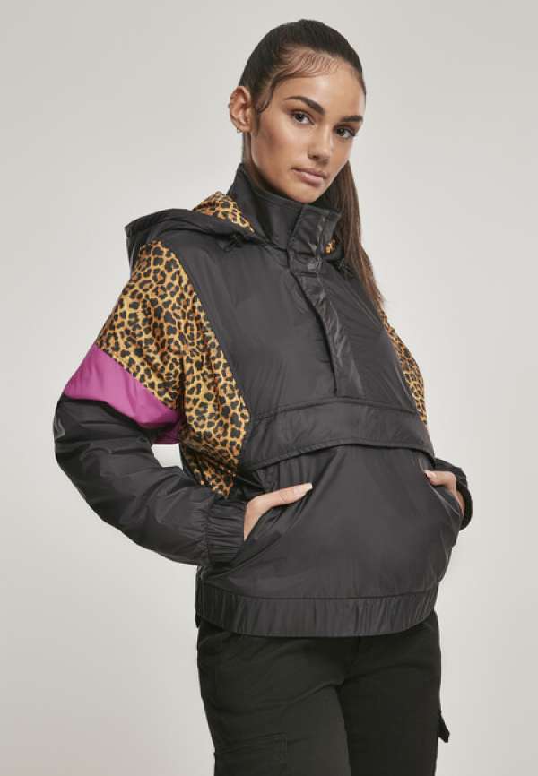 Urban Classics Ladies AOP Mixed Pull Over Jacket black/snowleo/lightasphalt