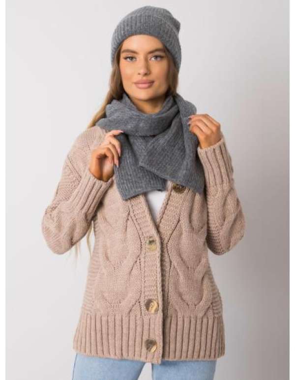 Női sapka és sál szett RUE PARIS sötétszürke színben