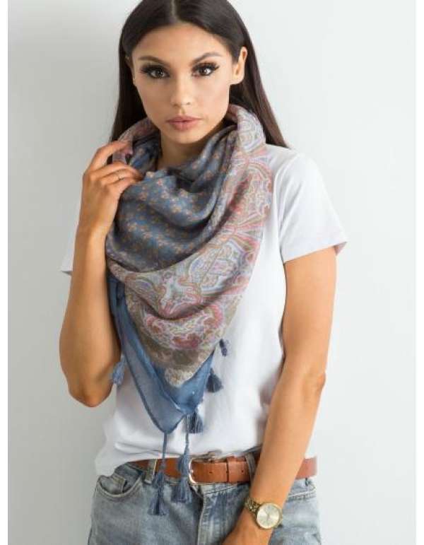 Női nyomtatott sál bojtokkal JUSTIN kék