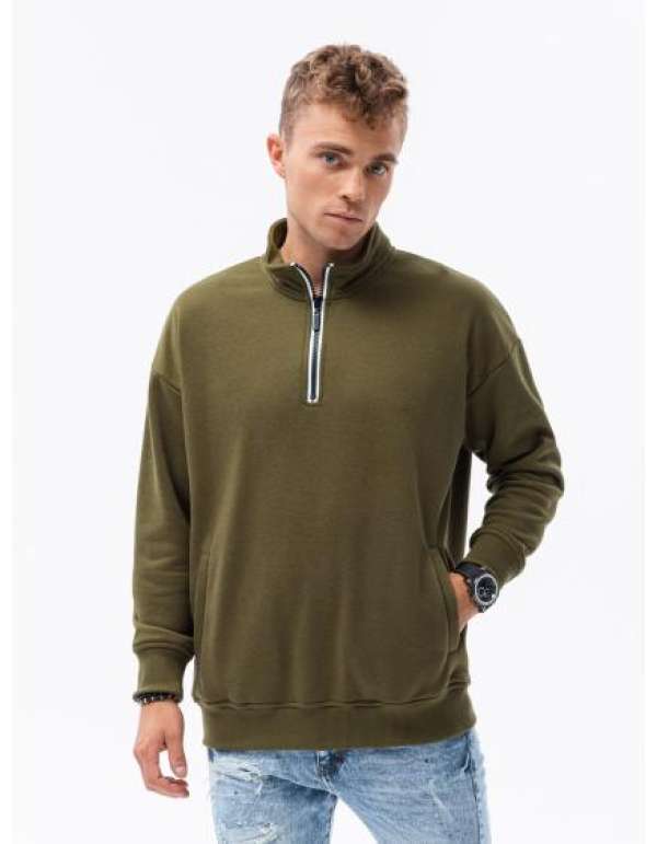 Férfi kapucnis pulóver állógallérral V1 olívazöld színű
