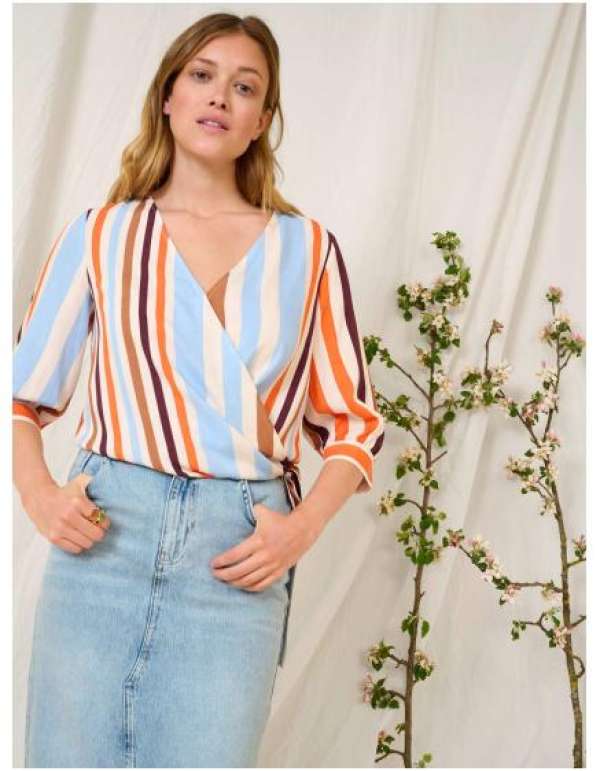 Kék és narancssárga csíkos, háromnegyedes ujjú blúz 34