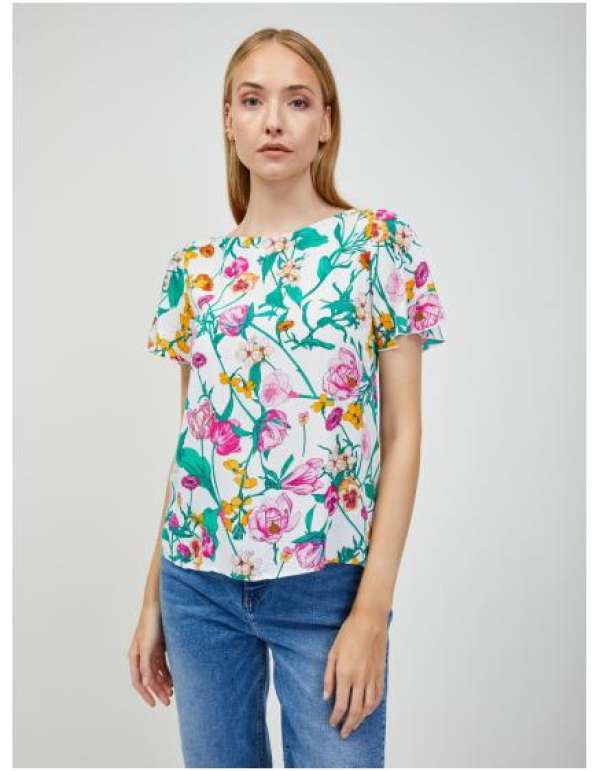 Zöld-fehér virágos blúz hátul megkötővel