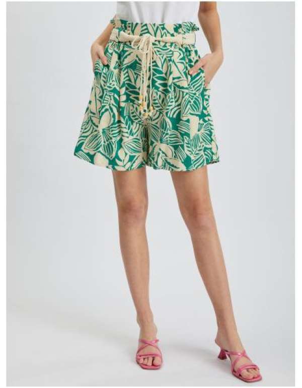 Krémszínű és zöld női mintás vászonnadrág