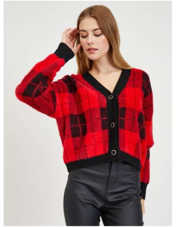 Fekete és piros női kockás kardigán