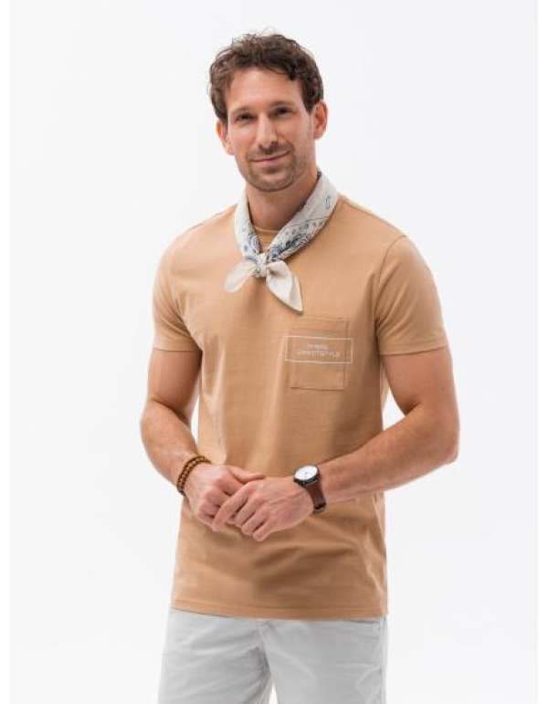Férfi pamut póló, zsebnyomással, világosbarna V6 S1742