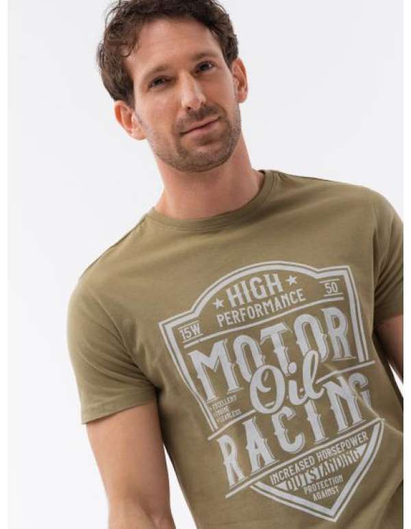 Férfi pamut póló, V2 S1735 olívazöld színnel nyomtatva