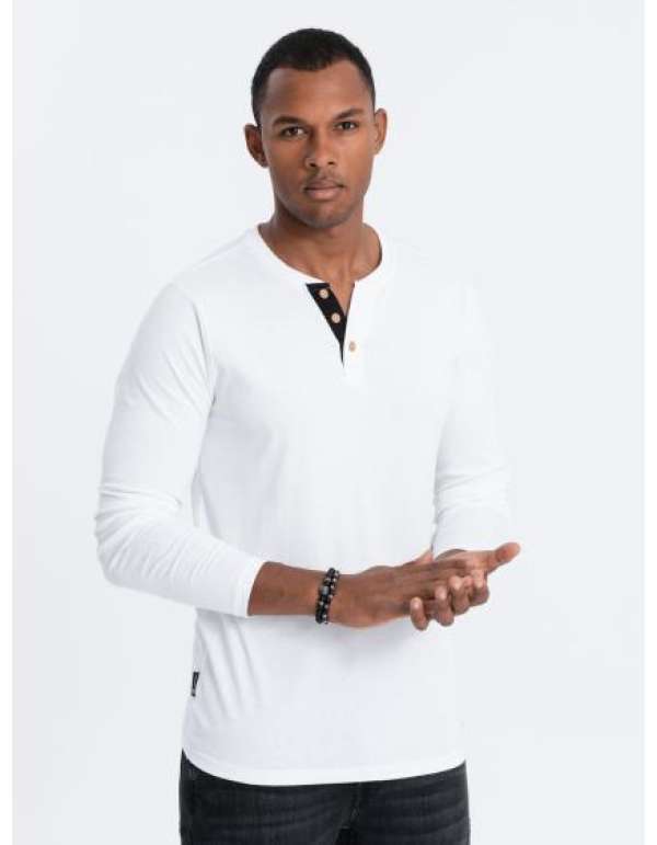 Férfi hosszú ujjú, nyakig érő férfi póló HENLEY fehér