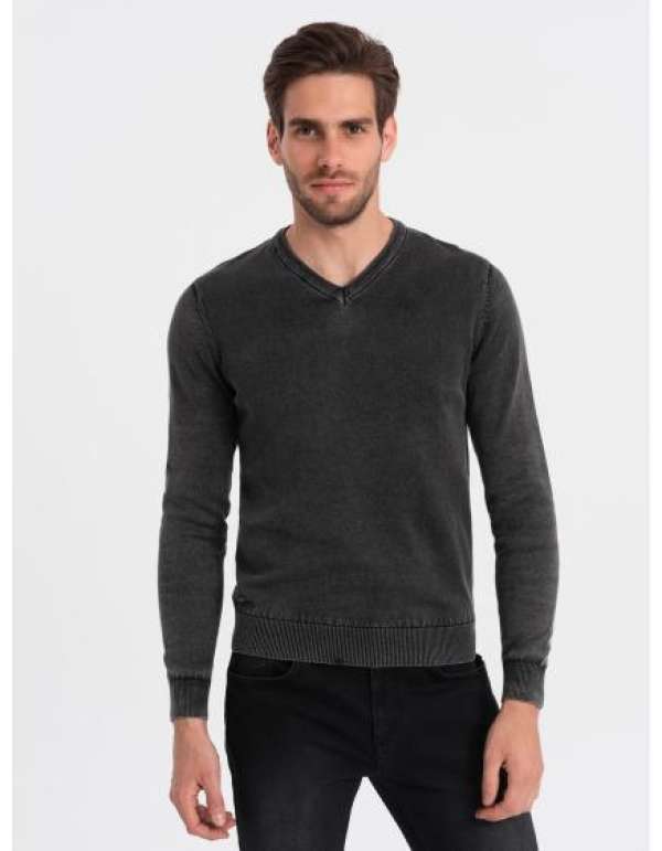 Férfi mosott, V-nyakú pulóver V1 OM-SWOS-0108 fekete