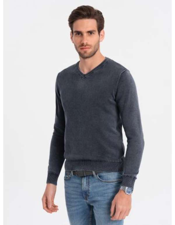 Férfi mosott V-nyakú pulóver OM-SWOS-0108 sötétkék
